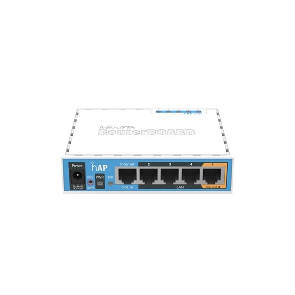 (RB951Ui-2nD) hAP router, 4x 10/100 LAN, 2.4Ghz, wireless-b/g/n, integrált antenna, passzív PoE