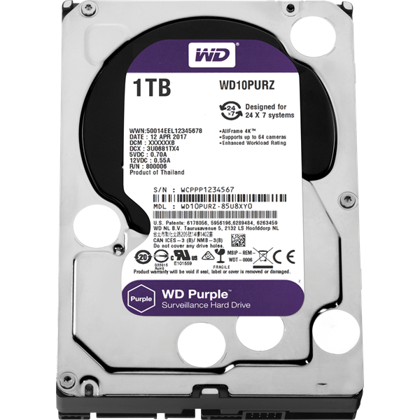 WD10PURZ 1TB 3,5" Desktop 5400rpm, 64 MB puffer, SATA3 - Purple (biztonságtechnikai rögzítőkbe)