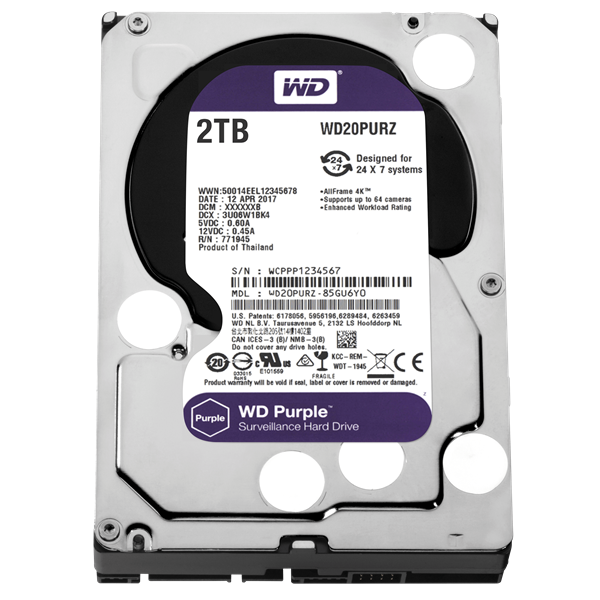 WD20PURZ 2TB 3,5" Desktop 5400rpm, 64 MB puffer, SATA3 - Purple (biztonságtechnikai rögzítő